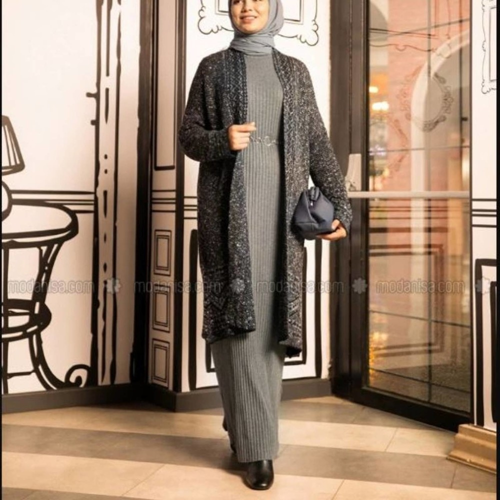 Heather Grey Lightweight Thin Ribbed Long Sleeve Sweater Knit Maxi Dress